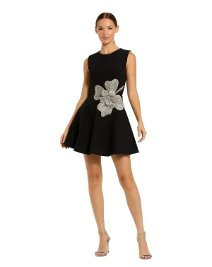 Crepe Sleeveless Mini Dress With Rhinestone Flower