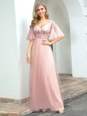 Cute V-neck Short Ruffled Sleeves Bridesmaid Dress with Sequin