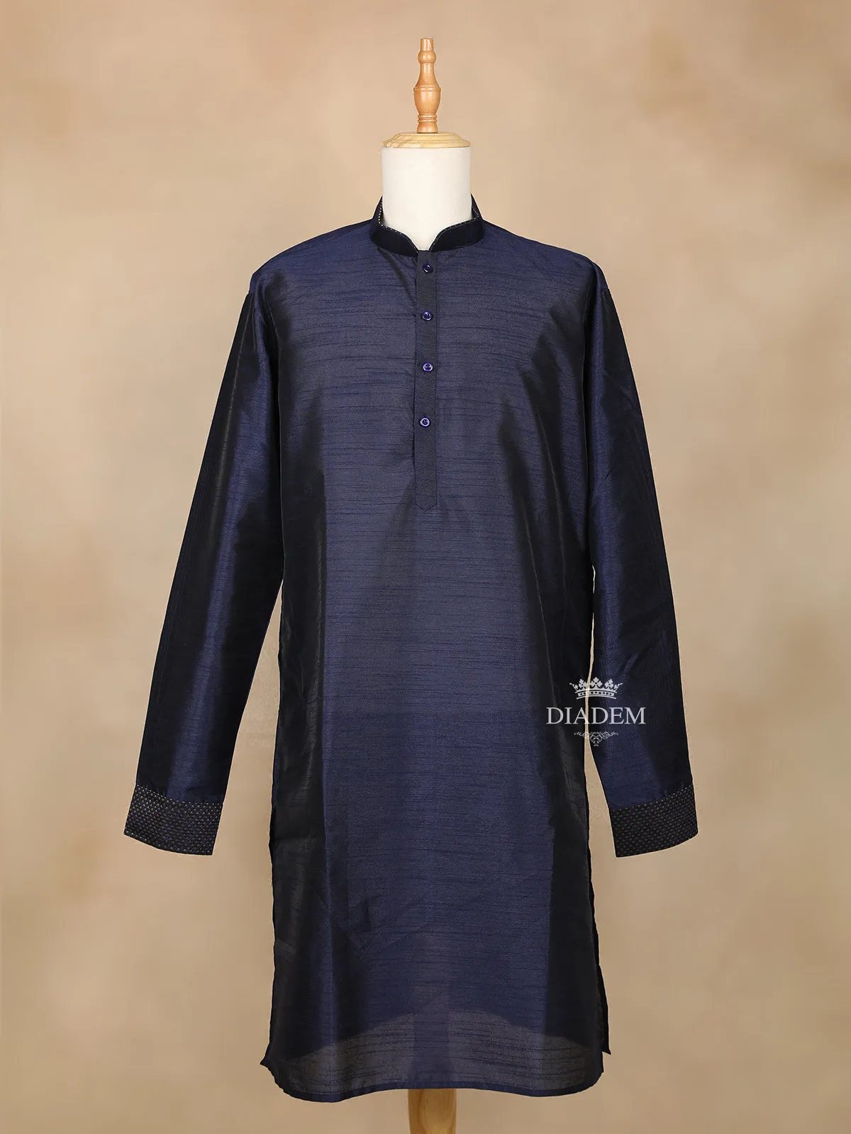 Dark Blue Raw Silk Indo-Western Sherwani Suit, with Brooch and Pant