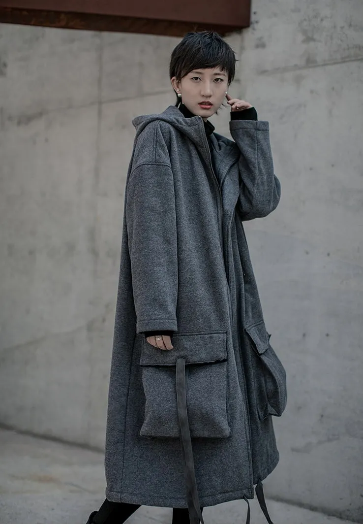 Dark Neutral Large Pockets Overlong Knee-Below Fleece Coat Hoodie