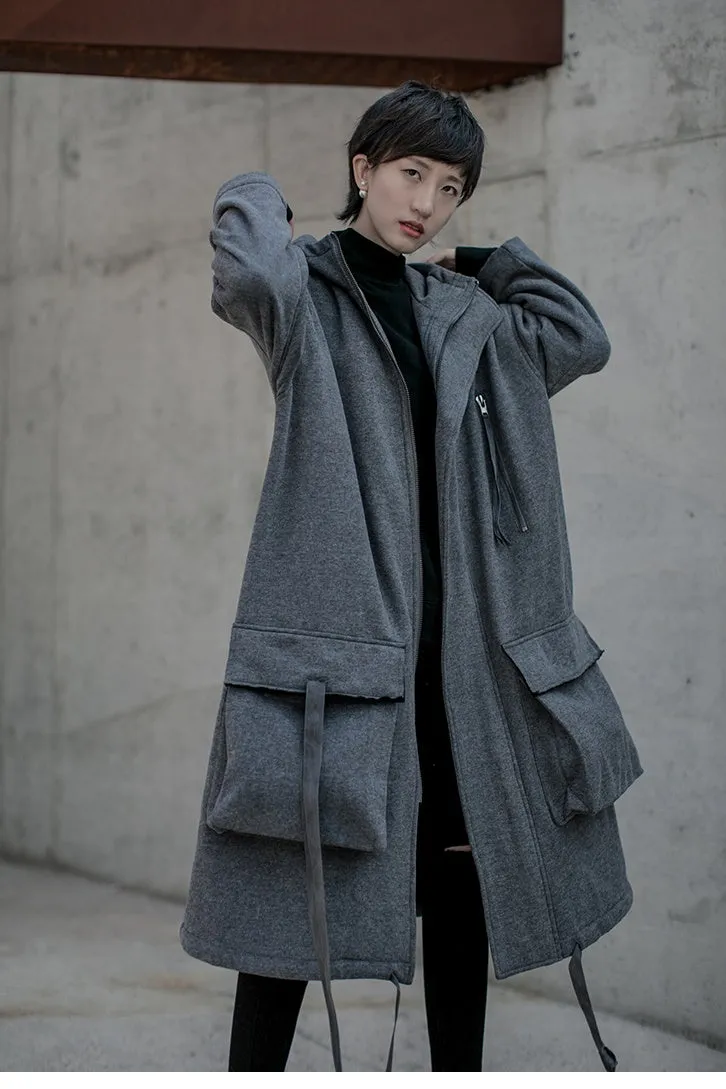 Dark Neutral Large Pockets Overlong Knee-Below Fleece Coat Hoodie