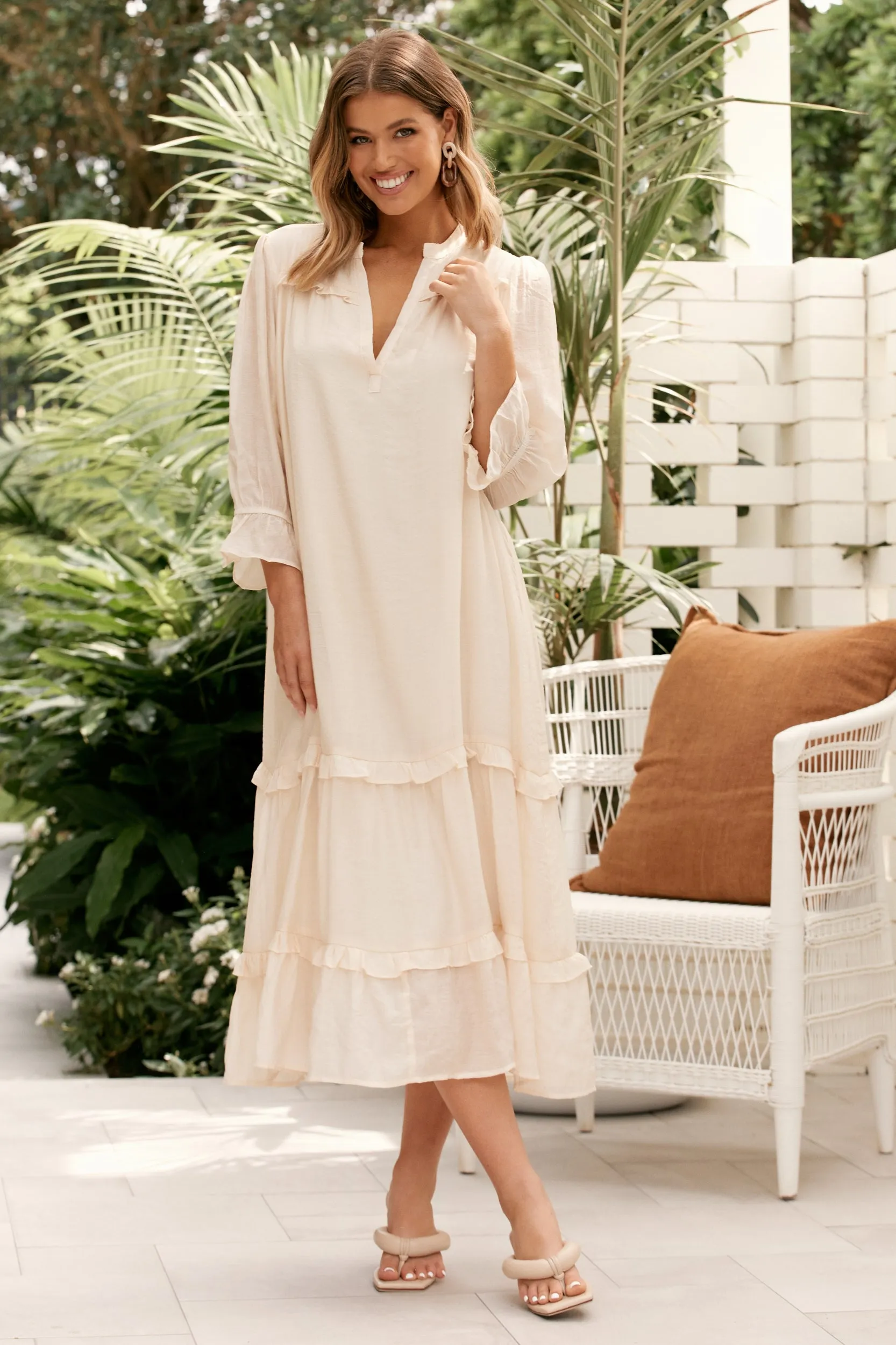 Elegant and Feminine - Cream Frill Dress made from a blend of Bamboo, Cottle and Tencel