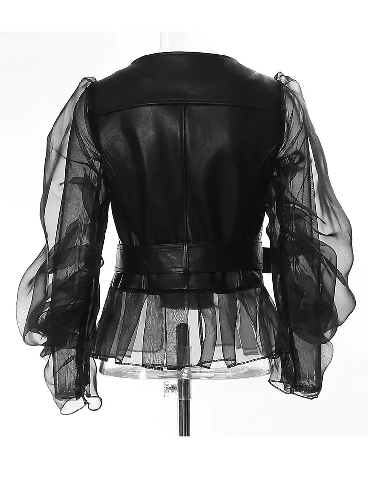 Elegant Mystique Black Faux Leather & Mesh Jacket