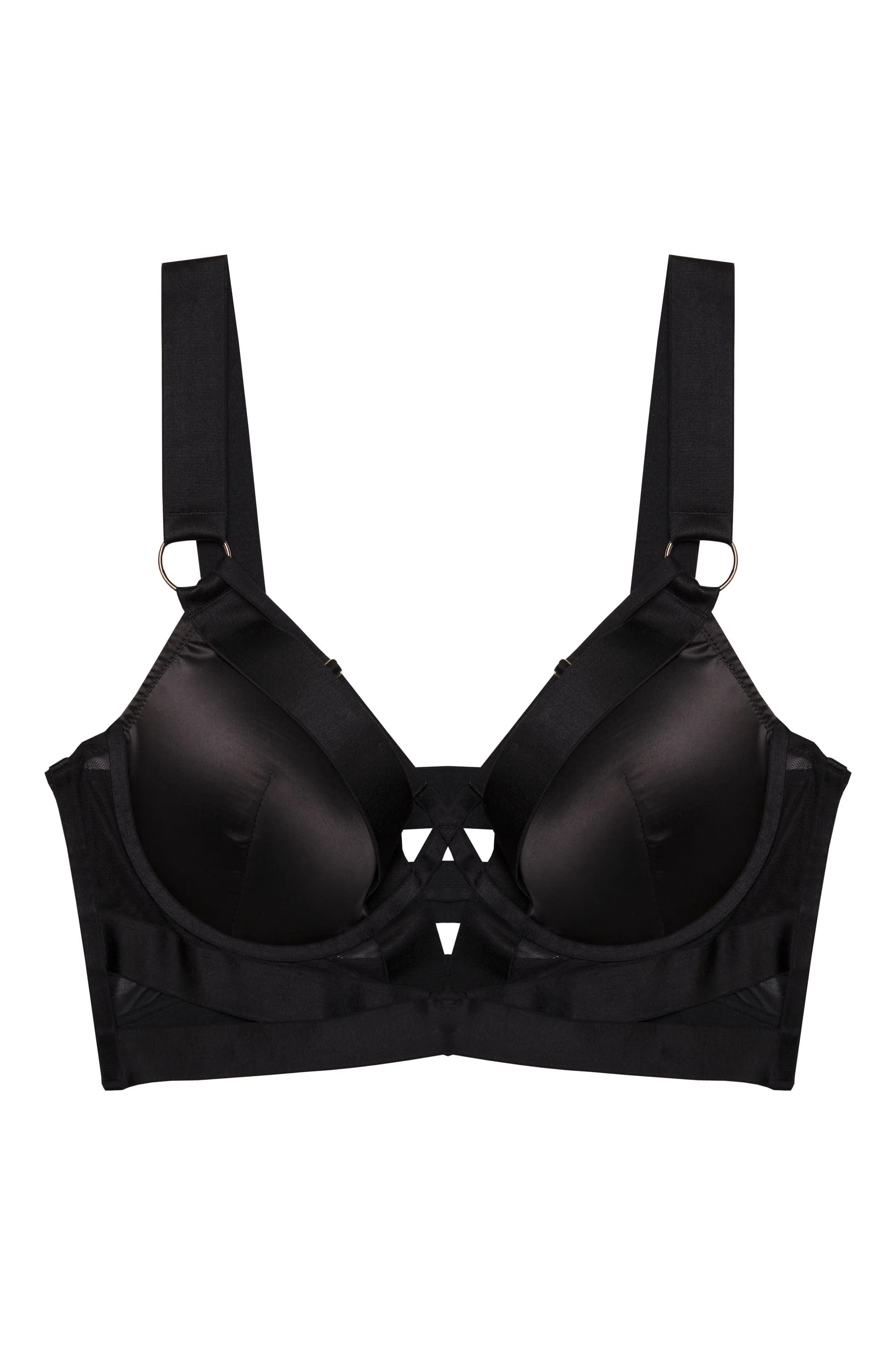 Etta Black Satin and Mesh Longline Padded Plunge Bra