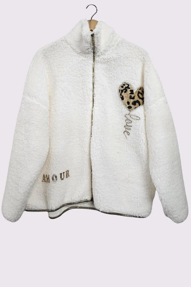 Faux Fur Leopard Heart Love Pattern Teddy Style Gold Love Amour Letter Jacket