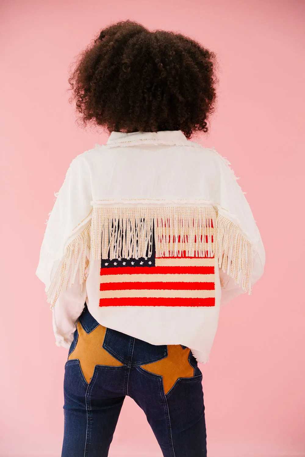 FLAG FRINGE WHITE DENIM JACKET