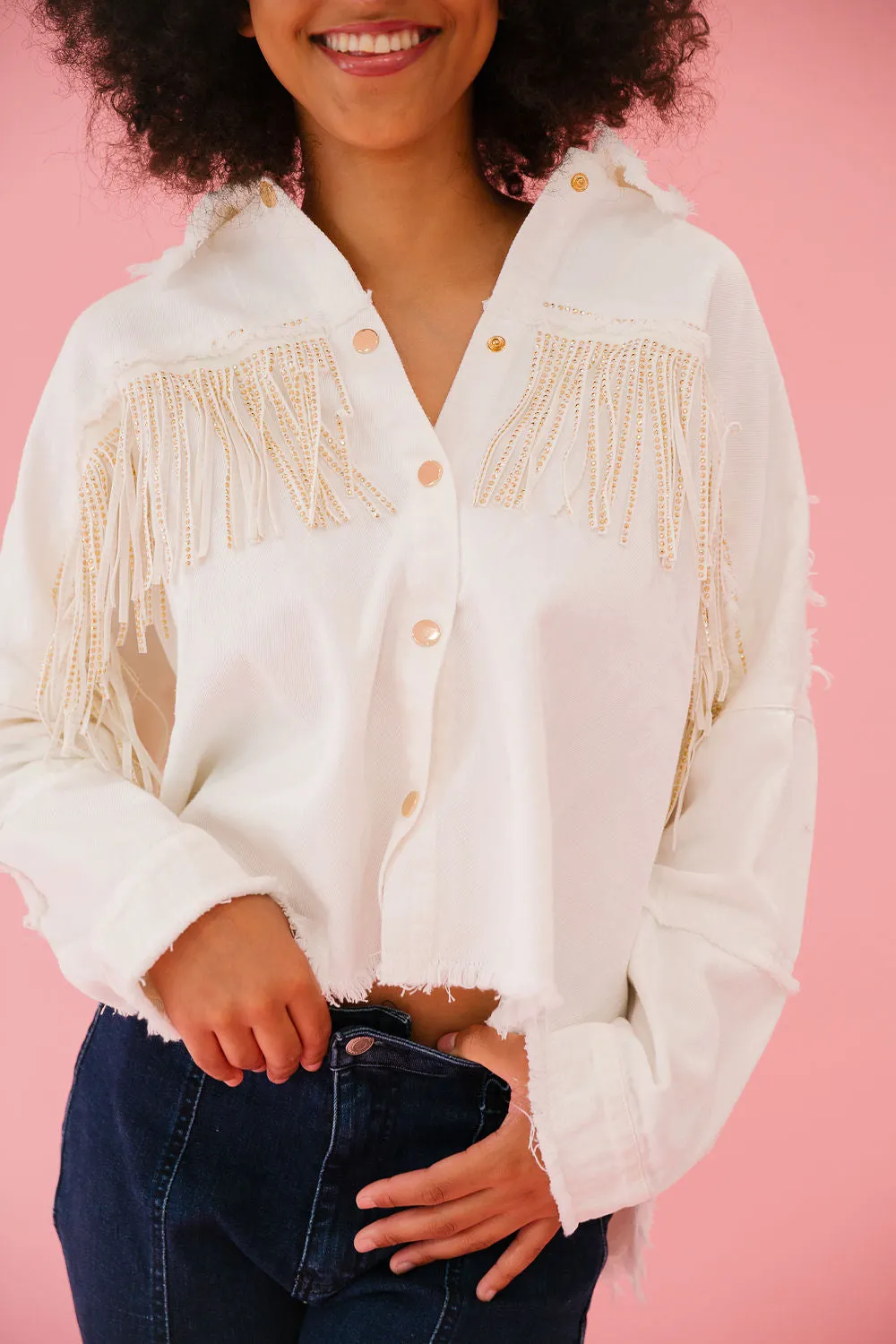 FLAG FRINGE WHITE DENIM JACKET