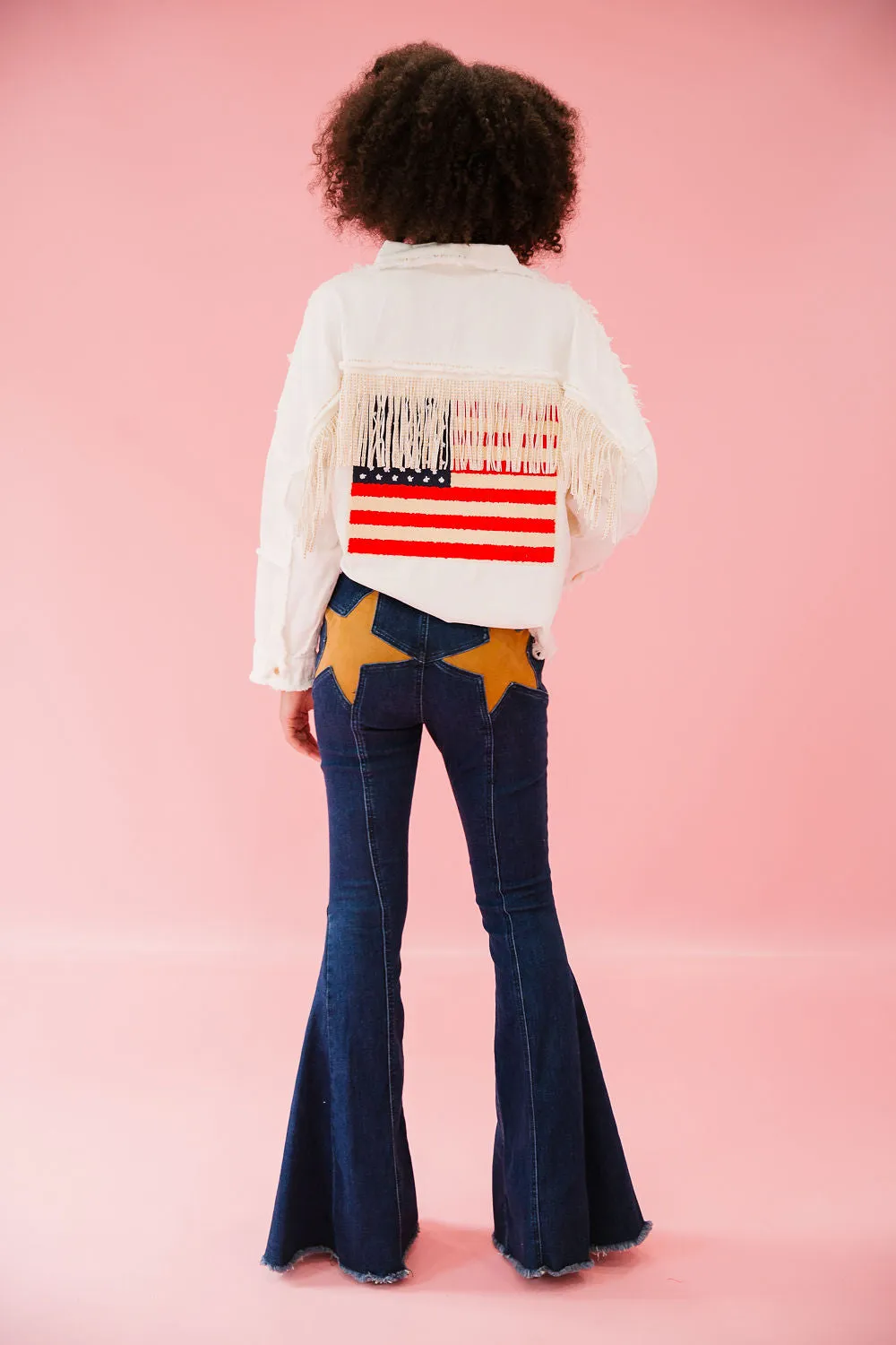 FLAG FRINGE WHITE DENIM JACKET