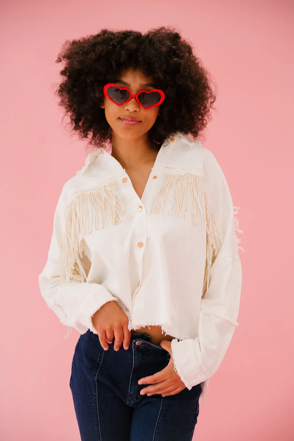 FLAG FRINGE WHITE DENIM JACKET