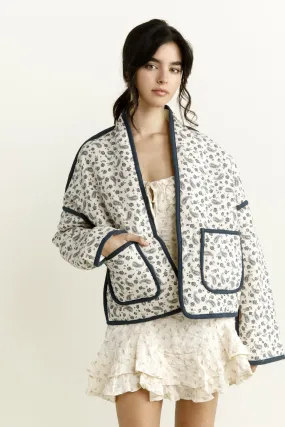 Floral Quilted Pockets Jacket White Blue