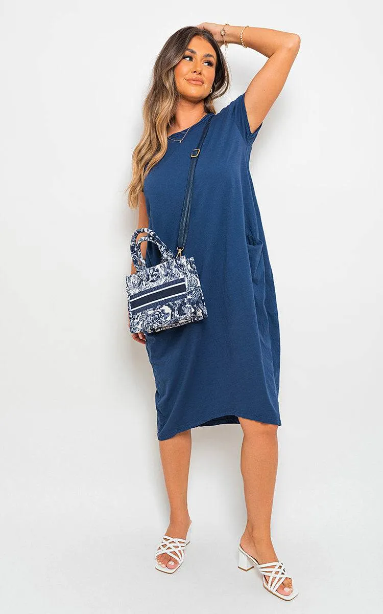 Front Pockets Short Sleeve Midi Dress