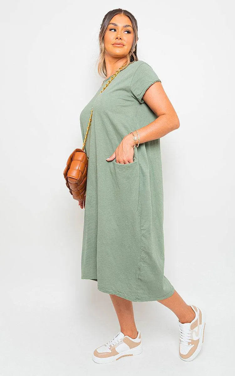 Front Pockets Short Sleeve Midi Dress