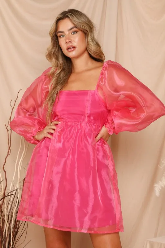 Fuchsia Organza Puff Baydoll Mini Dress