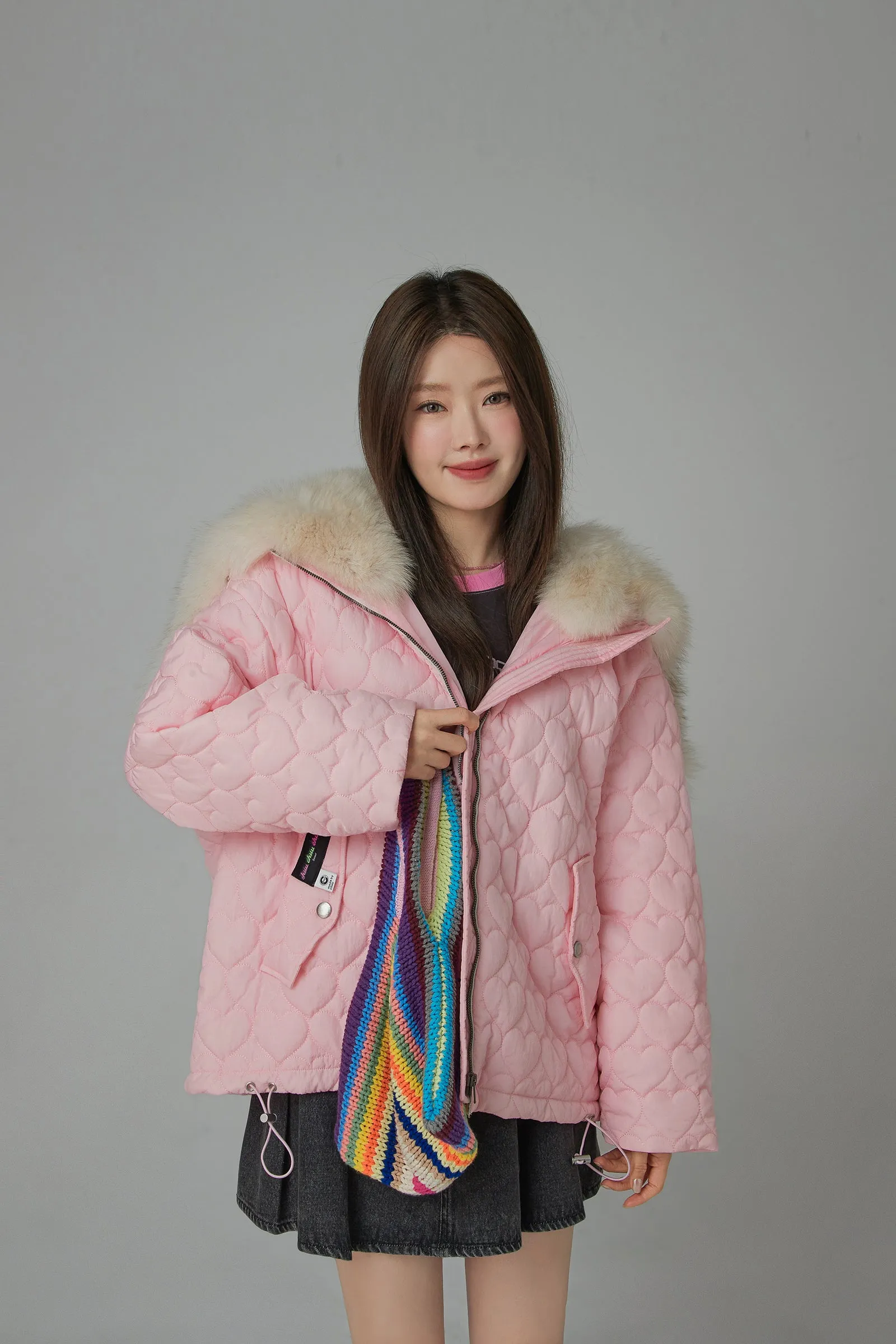 Fur Hoodie Heart Quilted Jacket