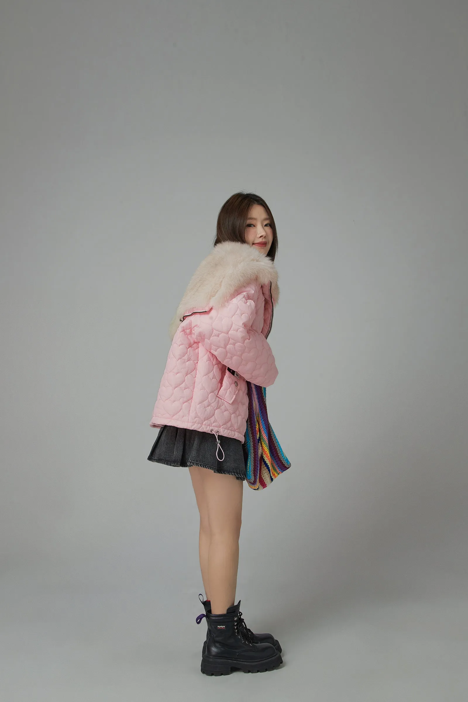 Fur Hoodie Heart Quilted Jacket