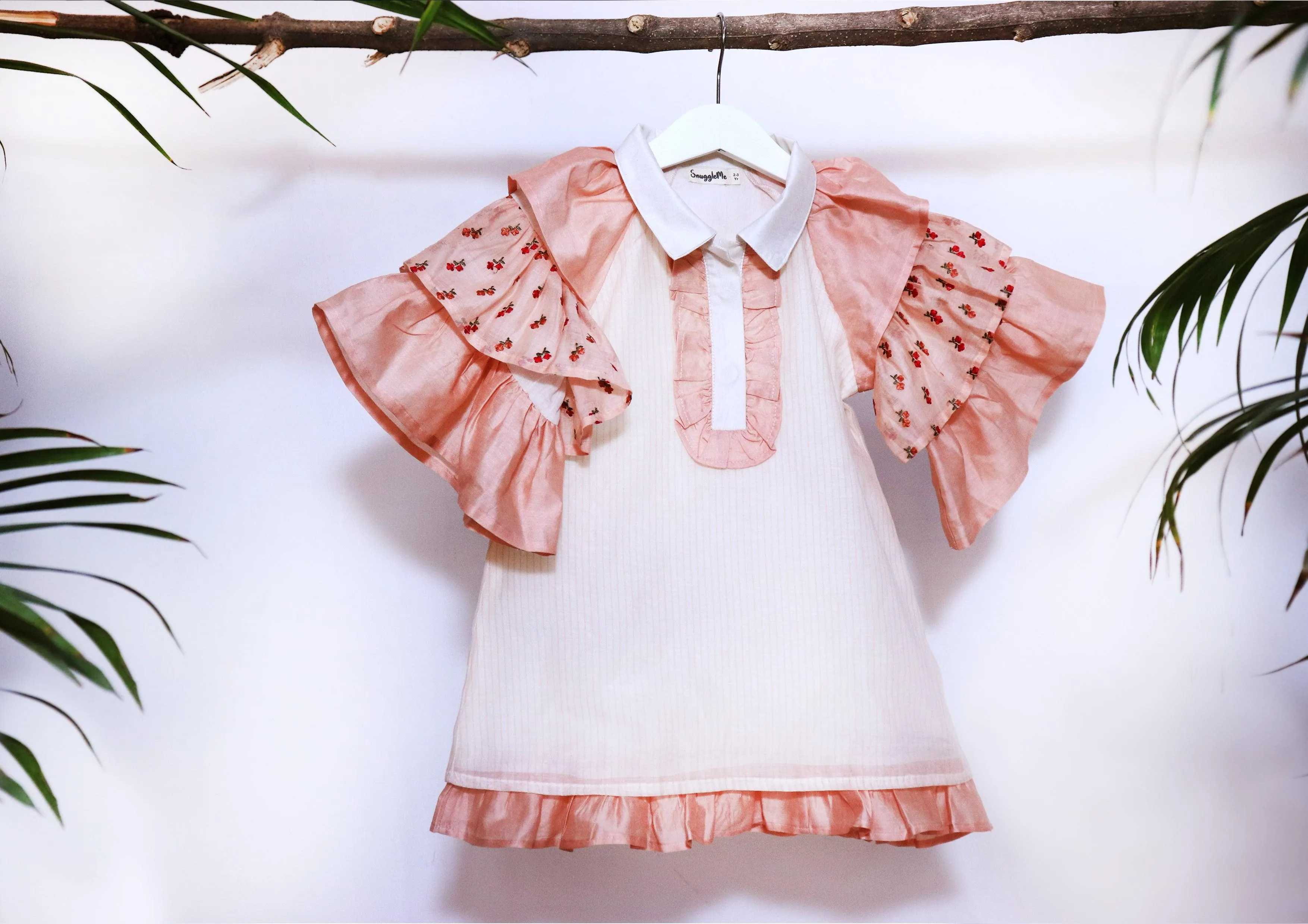 Girls Chanderi Frill Sleeves Party Dress  - Peach