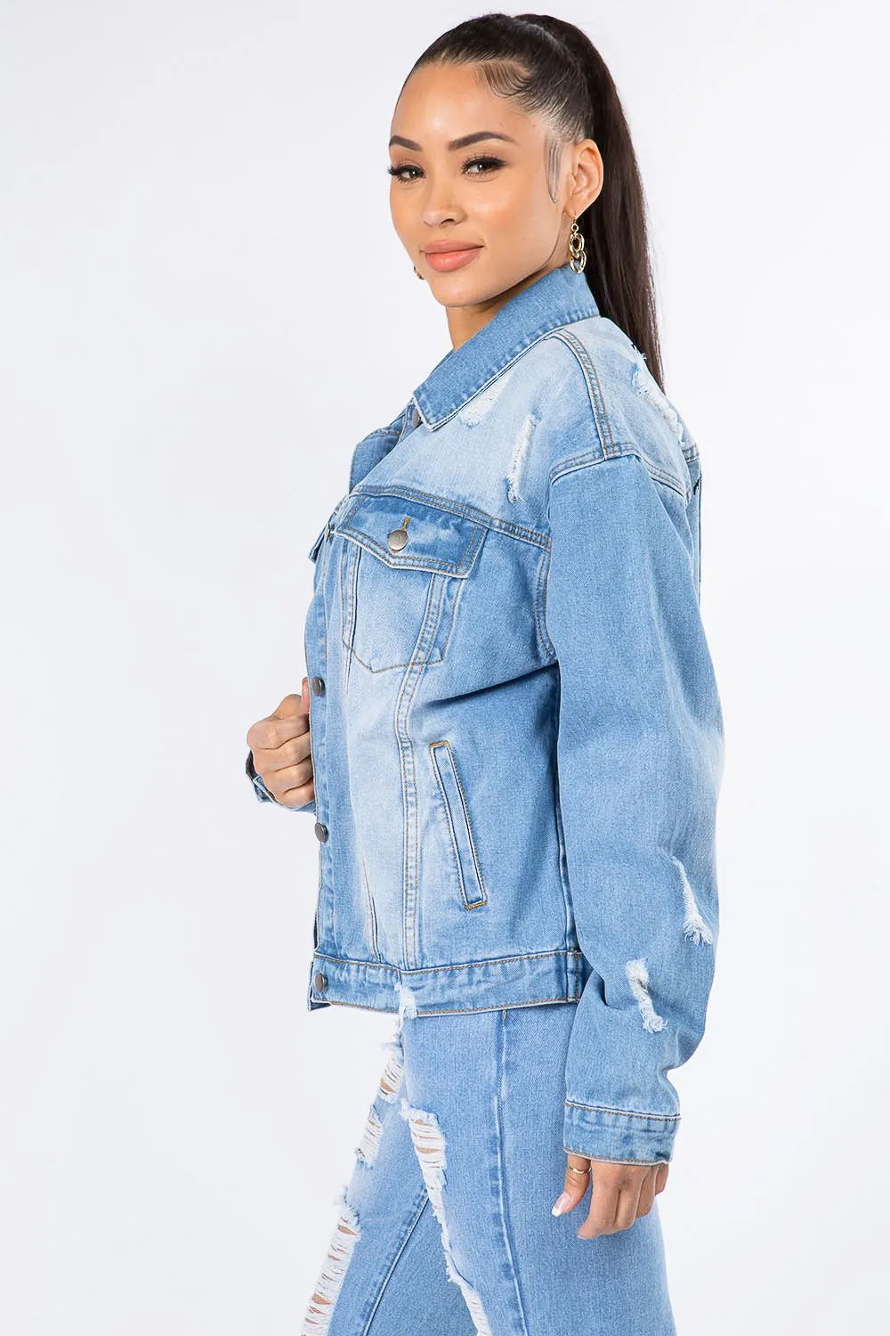 Graphic Distressed Long Sleeve Denim Jacket