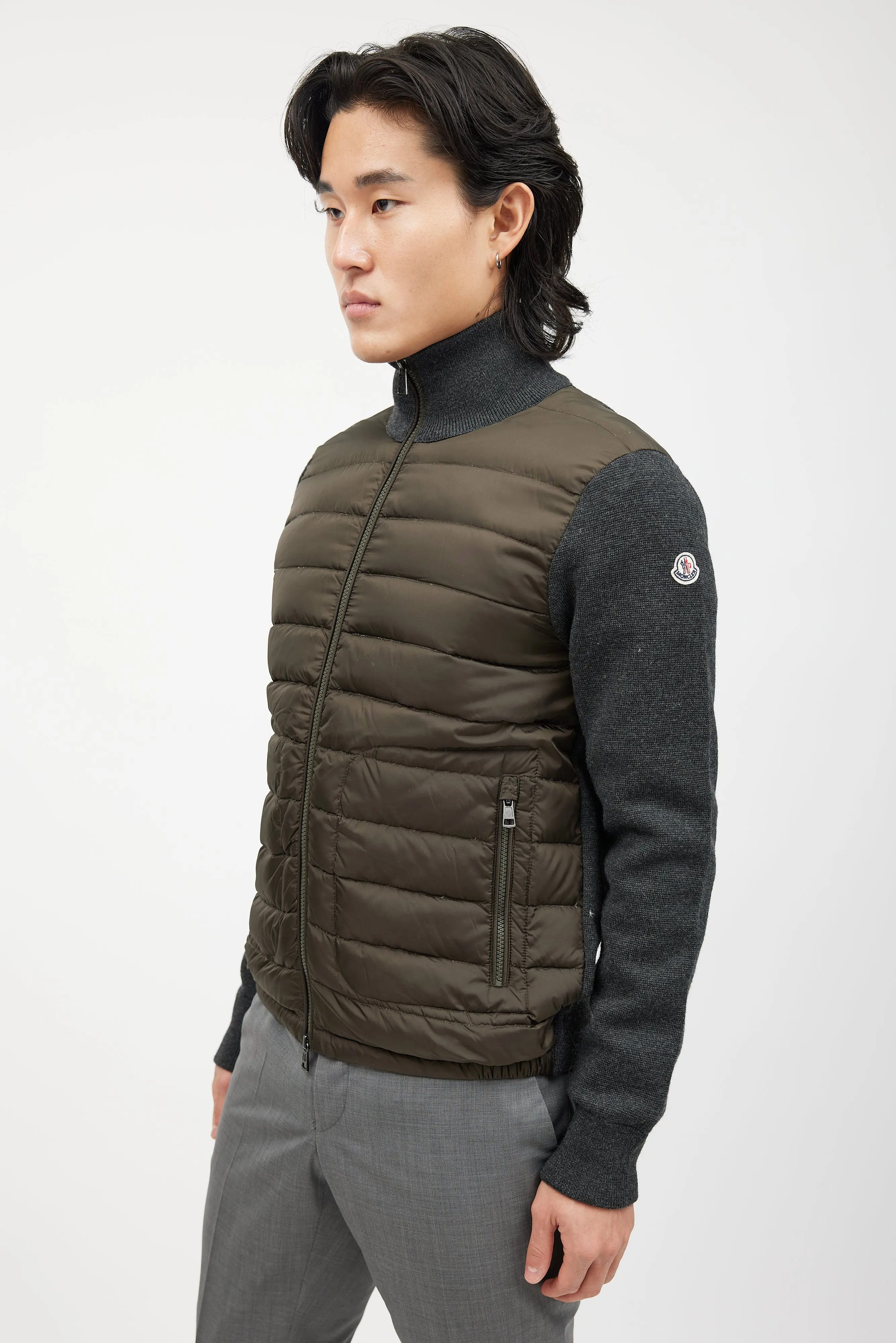 Green & Grey Knit Quilted Down Jacket