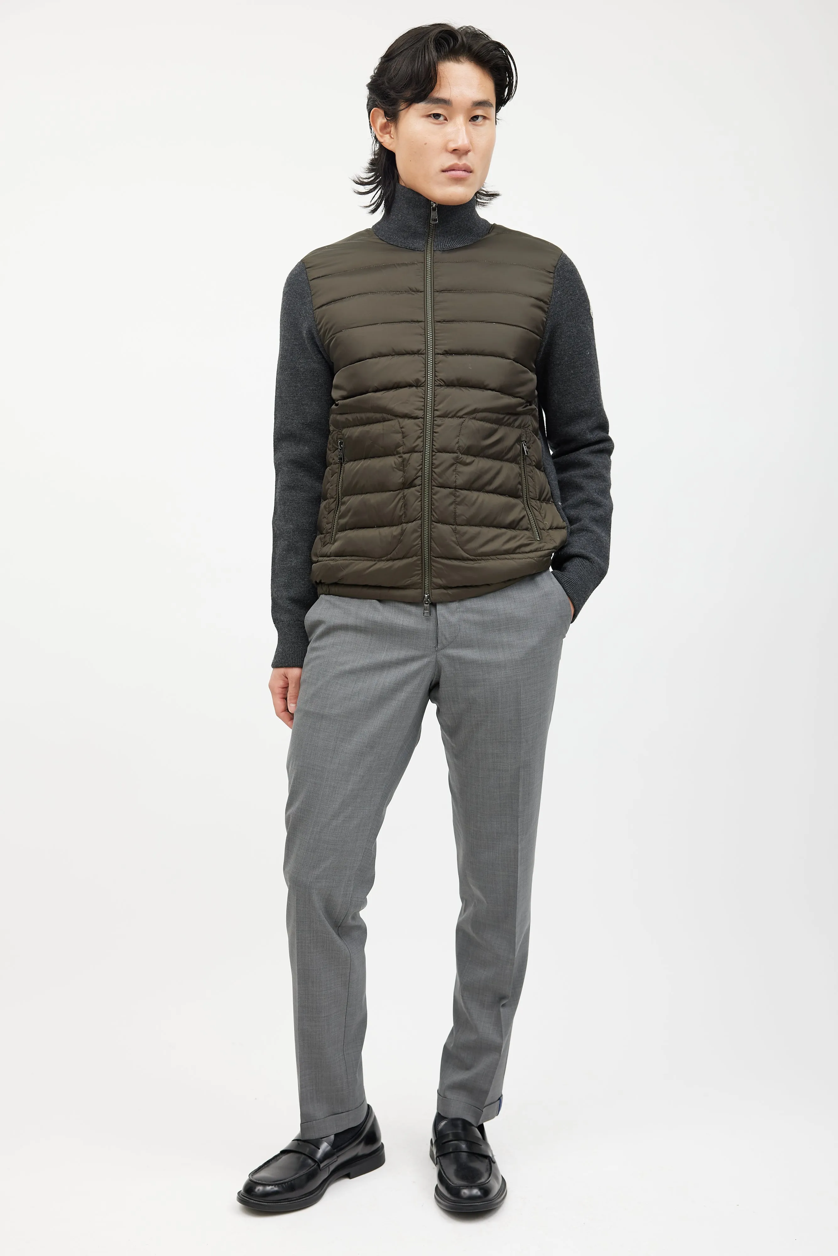 Green & Grey Knit Quilted Down Jacket