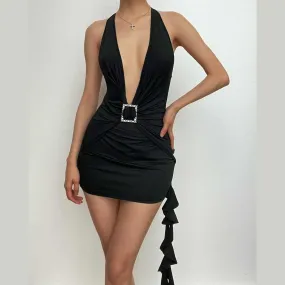 Halter solid v neck self tie buckle backless mini dress