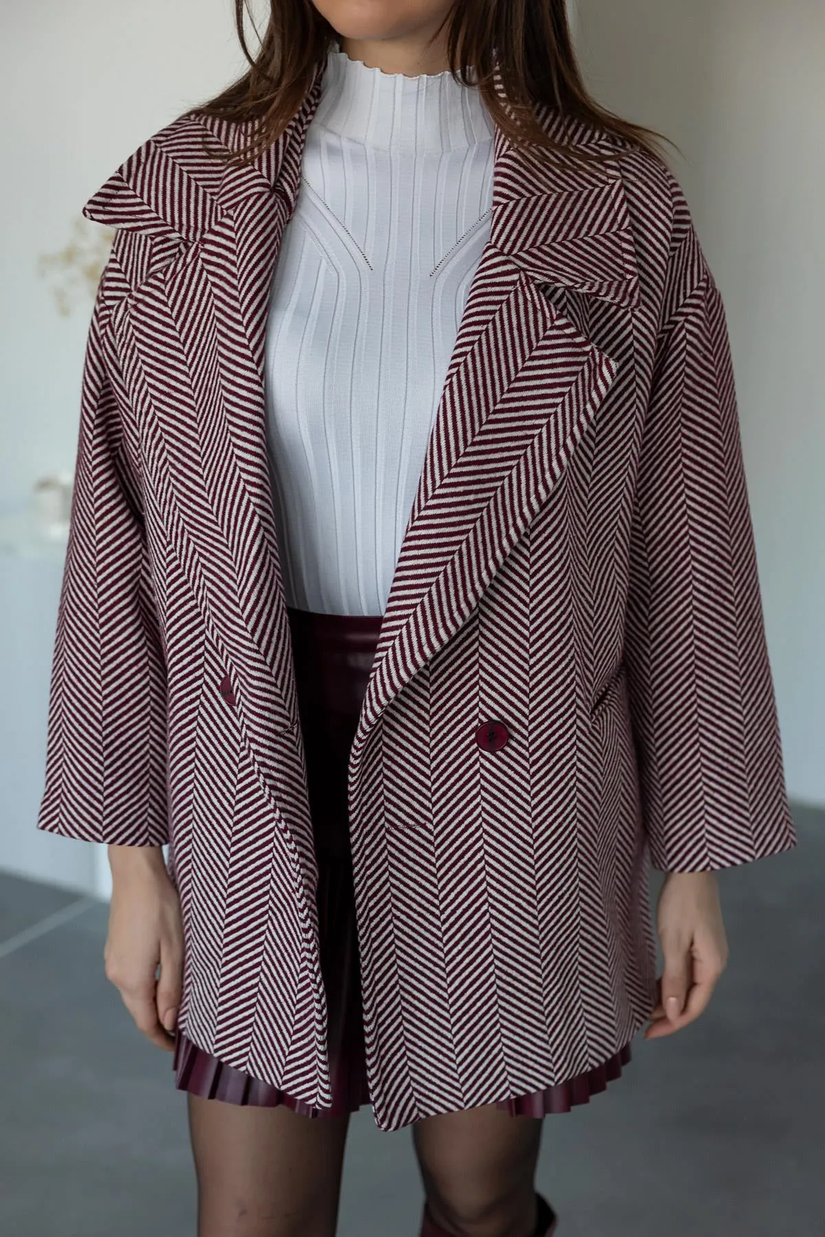 Herringbone Patterned Coat - Claret red