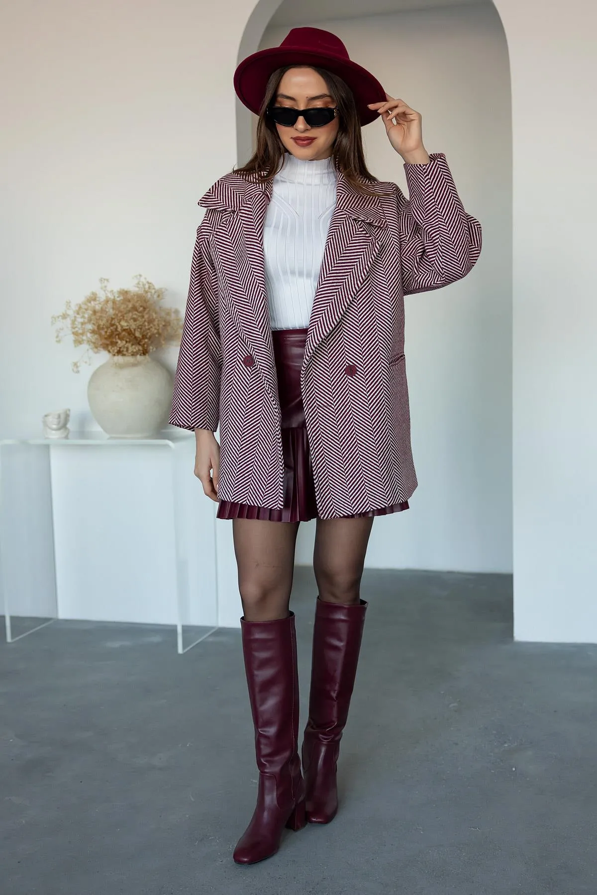 Herringbone Patterned Coat - Claret red