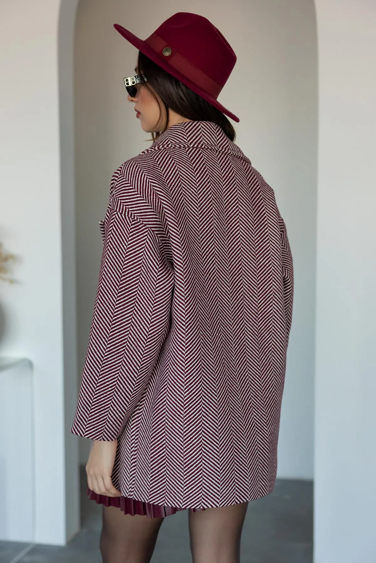 Herringbone Patterned Coat - Claret red