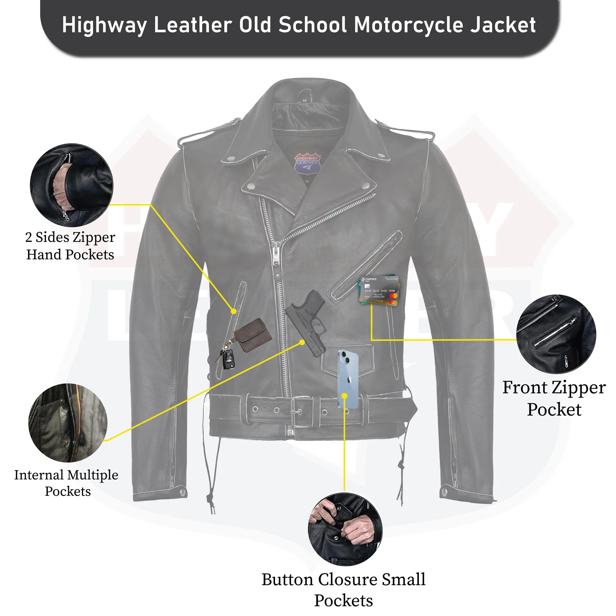 HL10205Grey OLDSCHOOL New Old School Police Style Motorcycle Leather Jacket 2 Ammo pocket