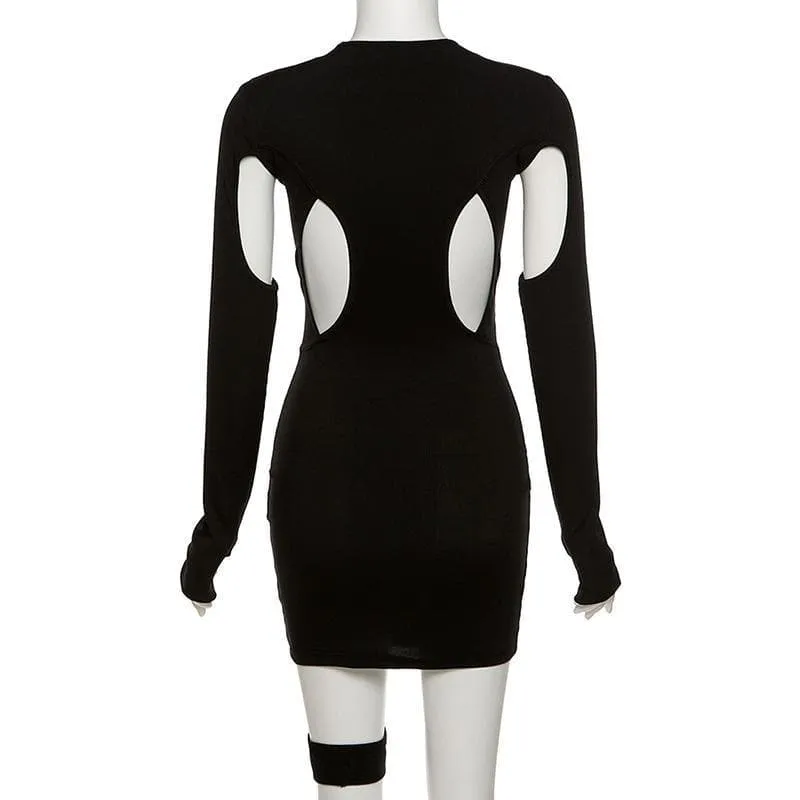 Hollow out irregular long sleeve crewneck cut out mini dress