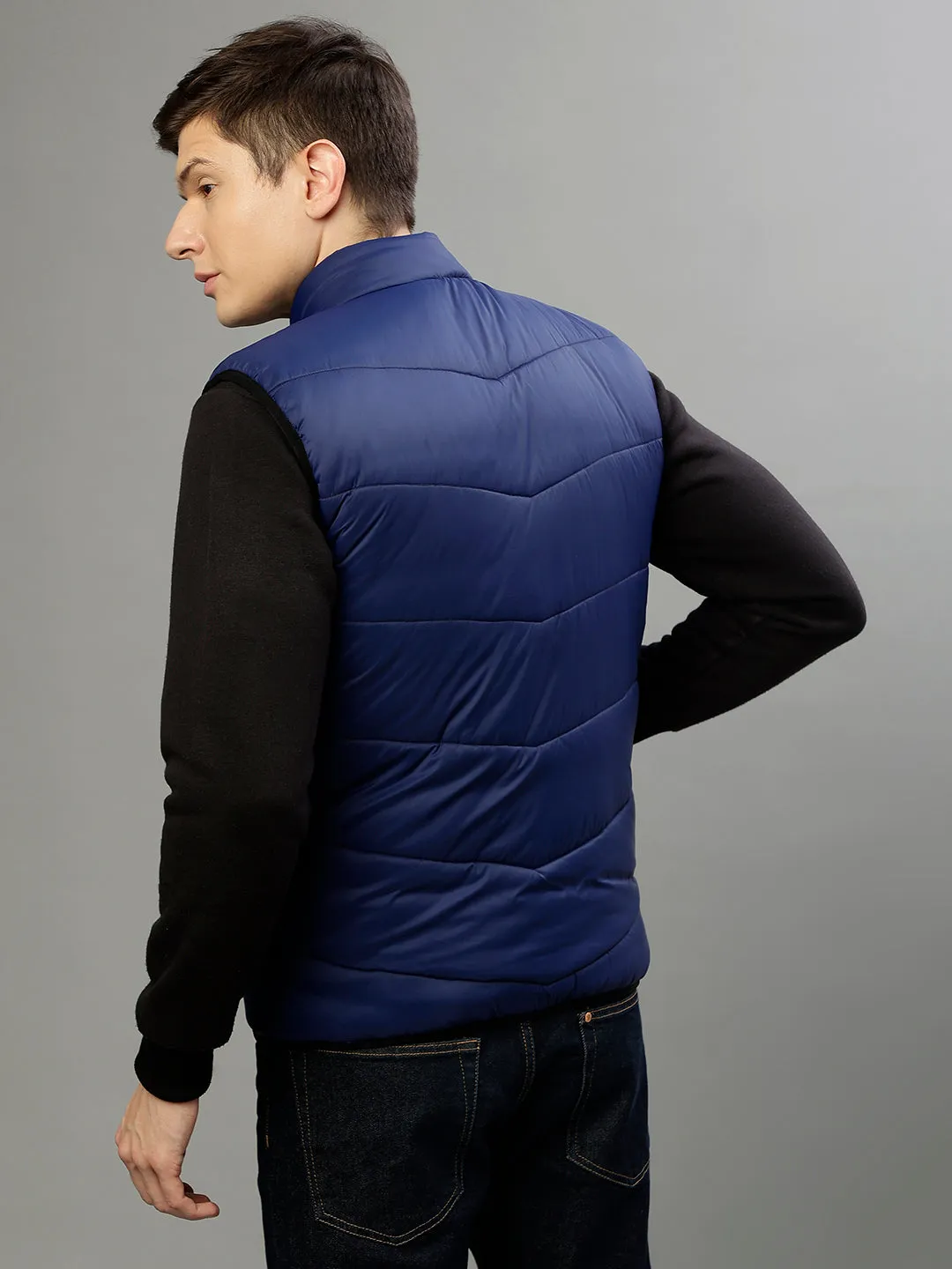 Iconic Men Blue Solid Stand Collar Sleeveless Jacket