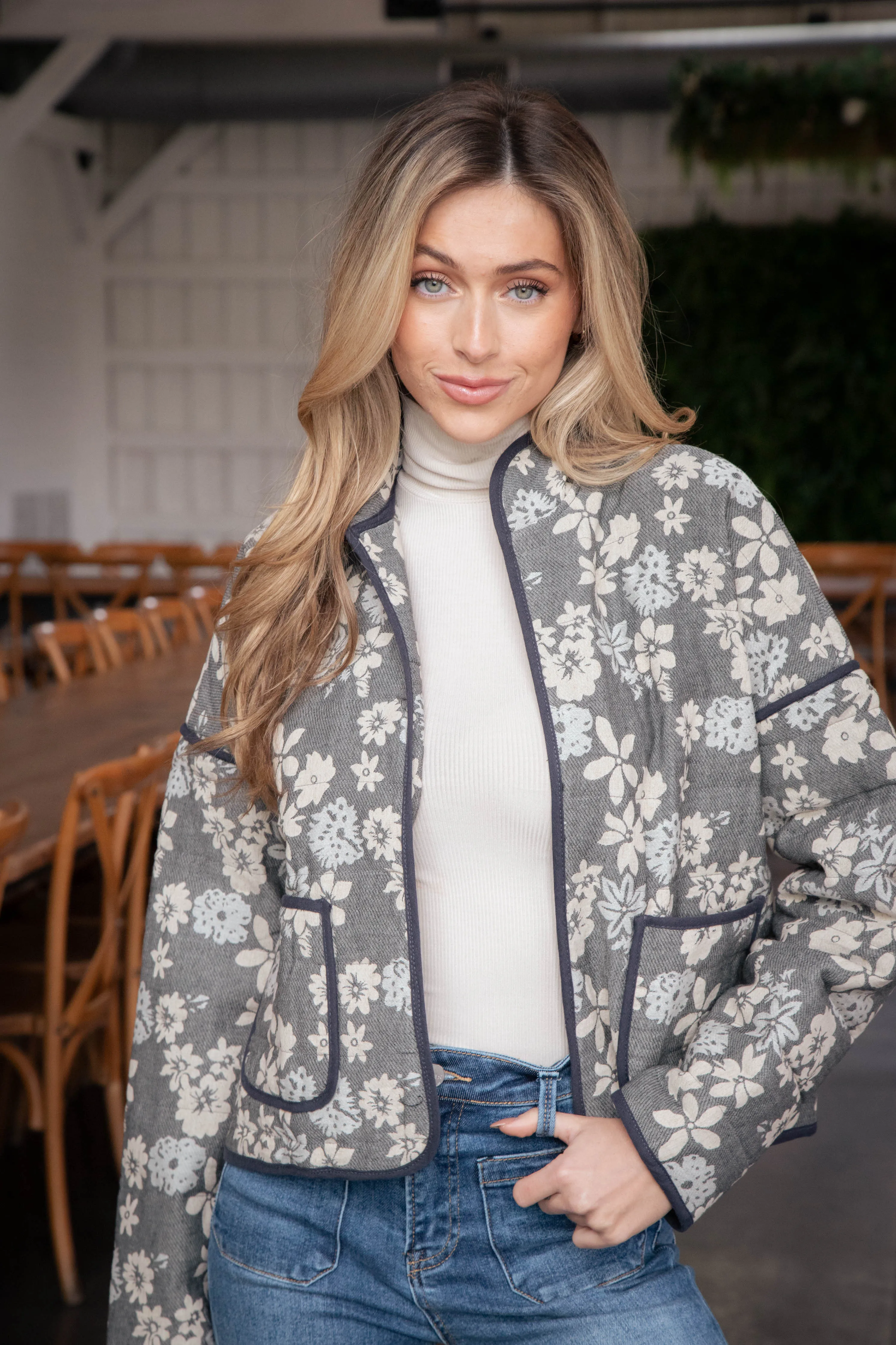 Jaylyn Floral Quilted Jacket, Blue/Ivory/Cream