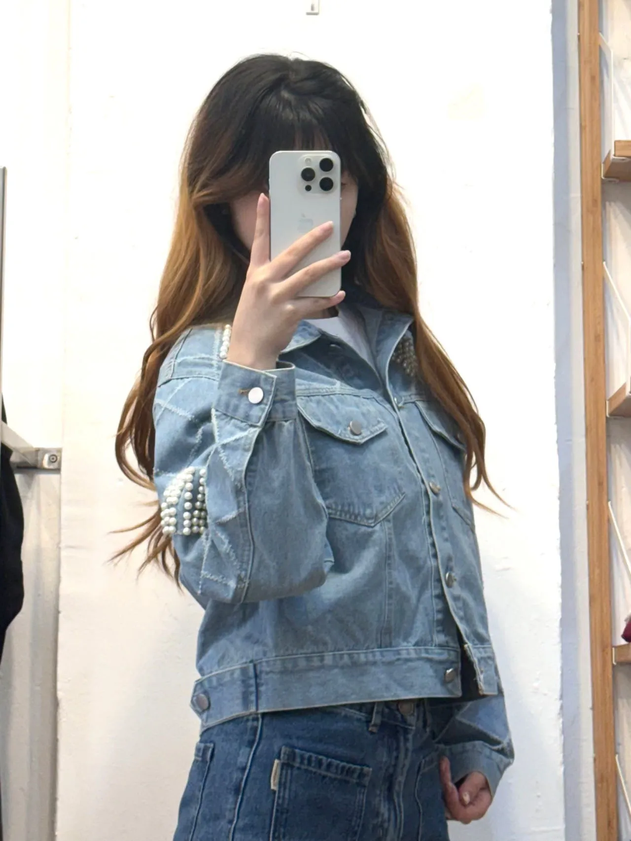 Light blue denim jacket with pearls