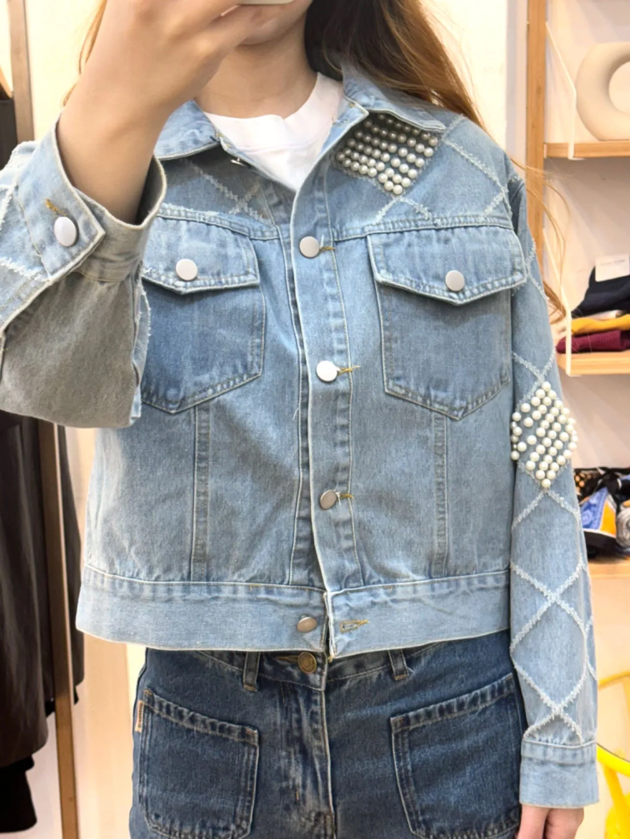 Light blue denim jacket with pearls