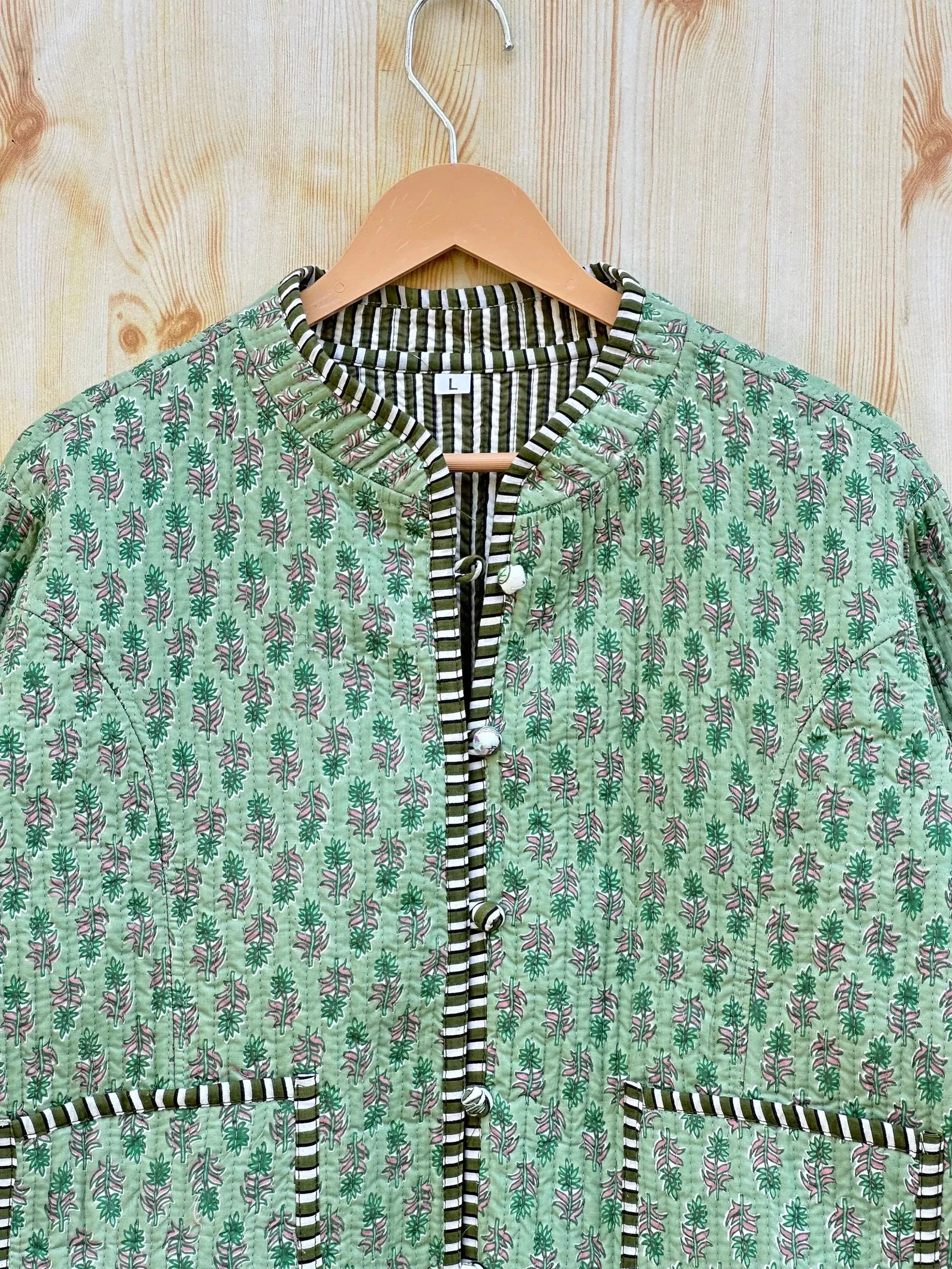 Light Green Reversible Handmade Block Print Quilted Kantha Fabric Jacket