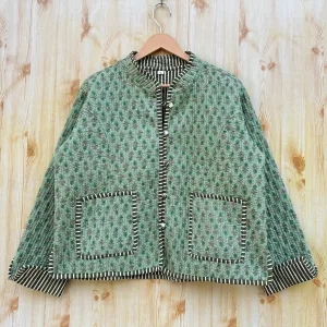 Light Green Reversible Handmade Block Print Quilted Kantha Fabric Jacket