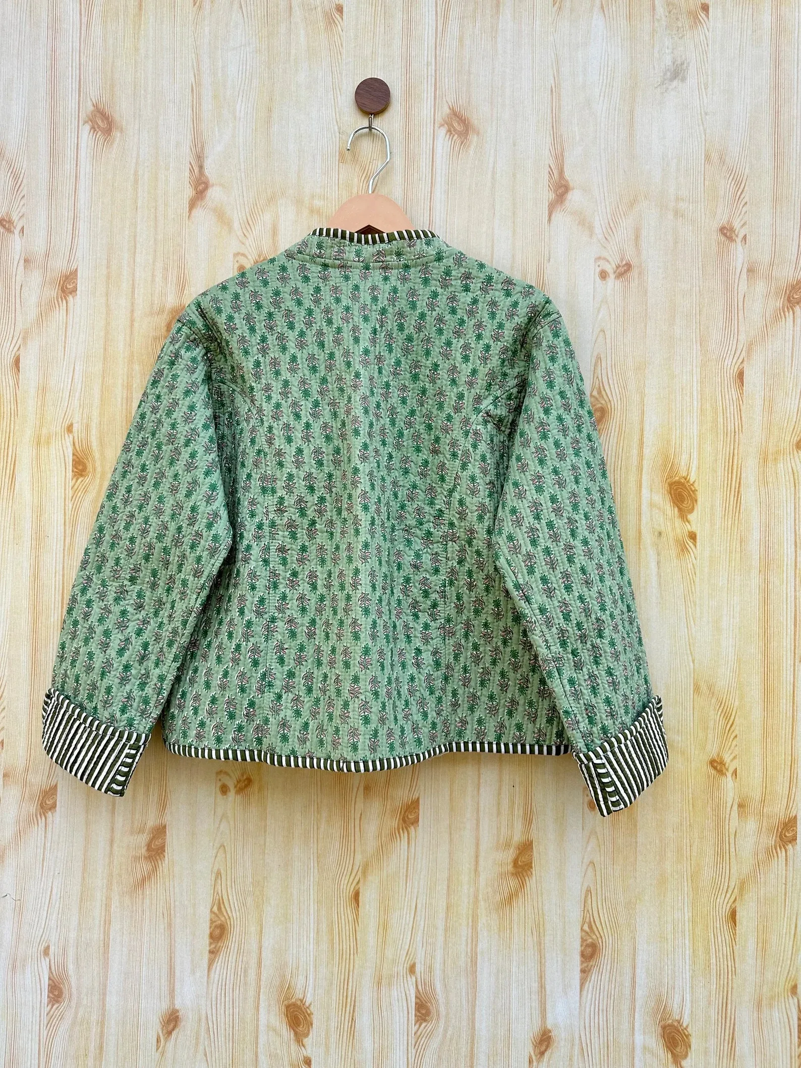 Light Green Reversible Handmade Block Print Quilted Kantha Fabric Jacket