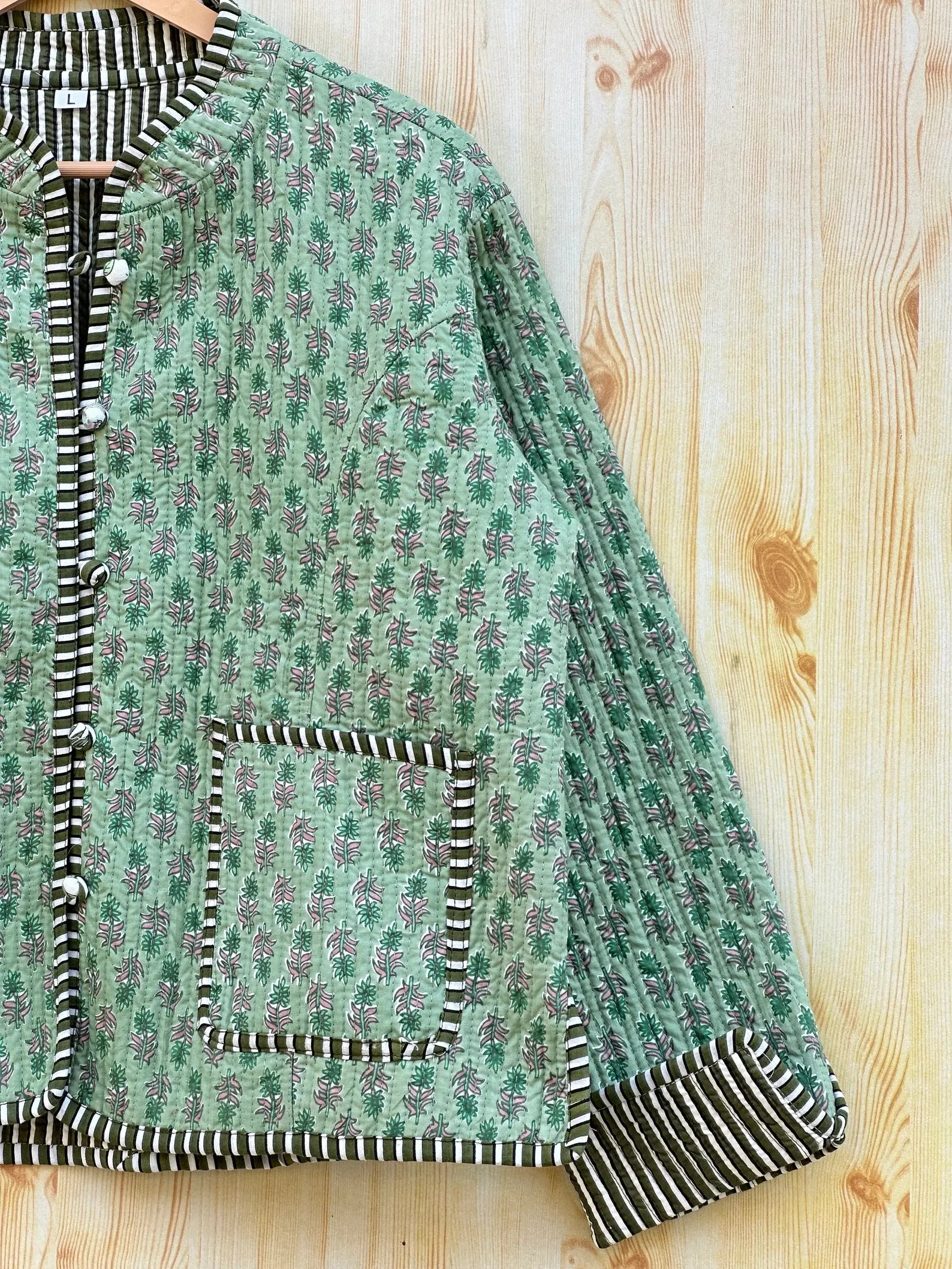 Light Green Reversible Handmade Block Print Quilted Kantha Fabric Jacket