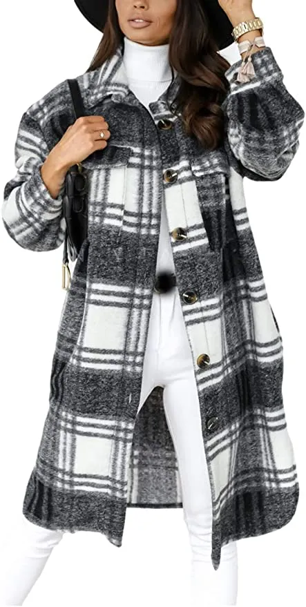 Long Flannel Plaid Coat For Women