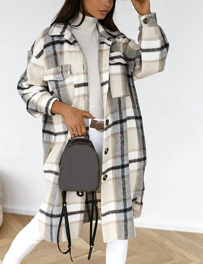 Long Flannel Plaid Coat For Women