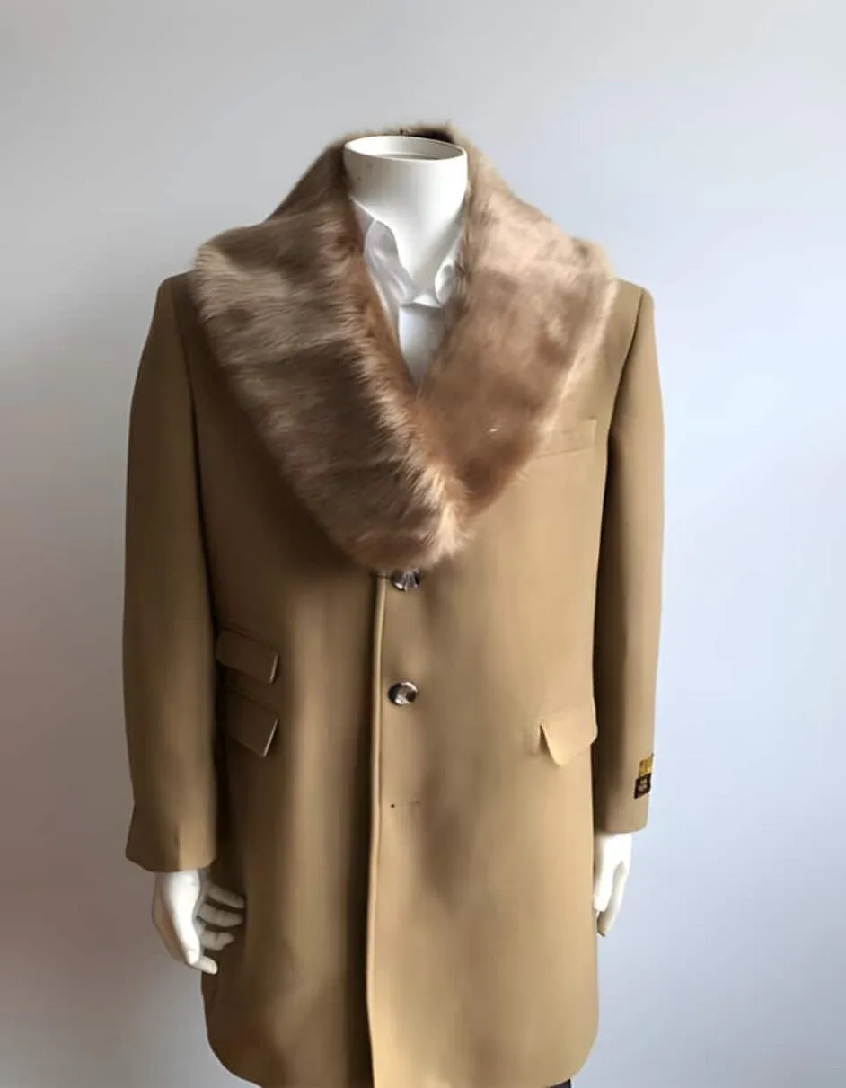 Long Jacket Ticket Pocket Designer men's Wool Peacoat Sale ~ Wool men's Car Coat Mid Length Three quarter length coat ~ Overcoat With Fur Collar Camel