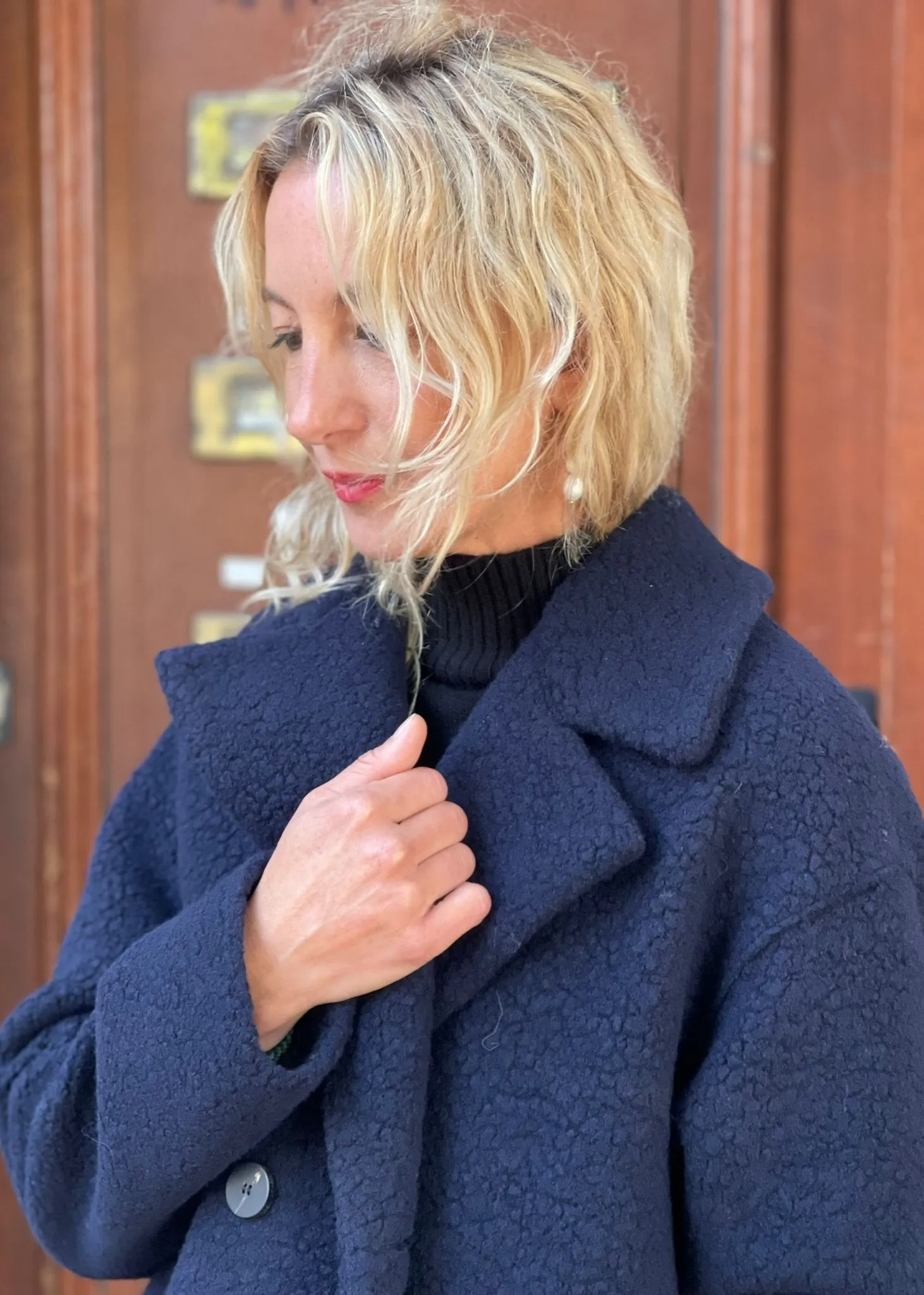 LONG PEACOAT PRESSED WOOL & POLAIRE COAT | NAVY BLUE