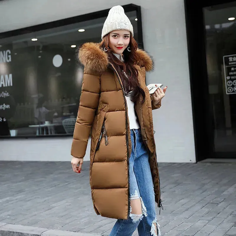 Long Zip up Faux fur Collar Hooded Winter Puffer coat women