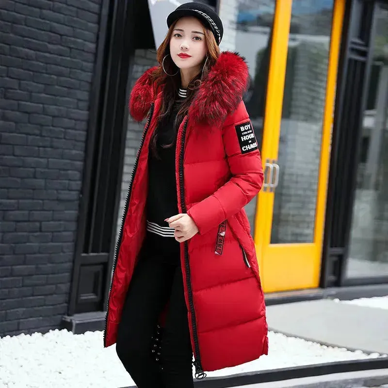 Long Zip up Faux fur Collar Hooded Winter Puffer coat women