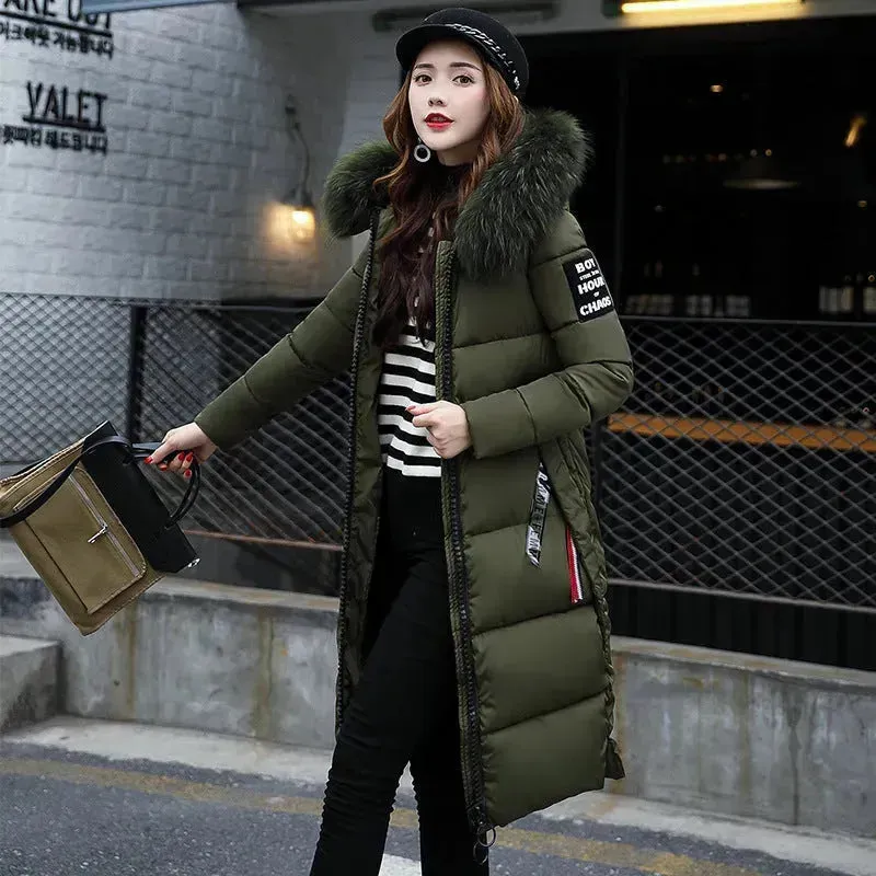 Long Zip up Faux fur Collar Hooded Winter Puffer coat women