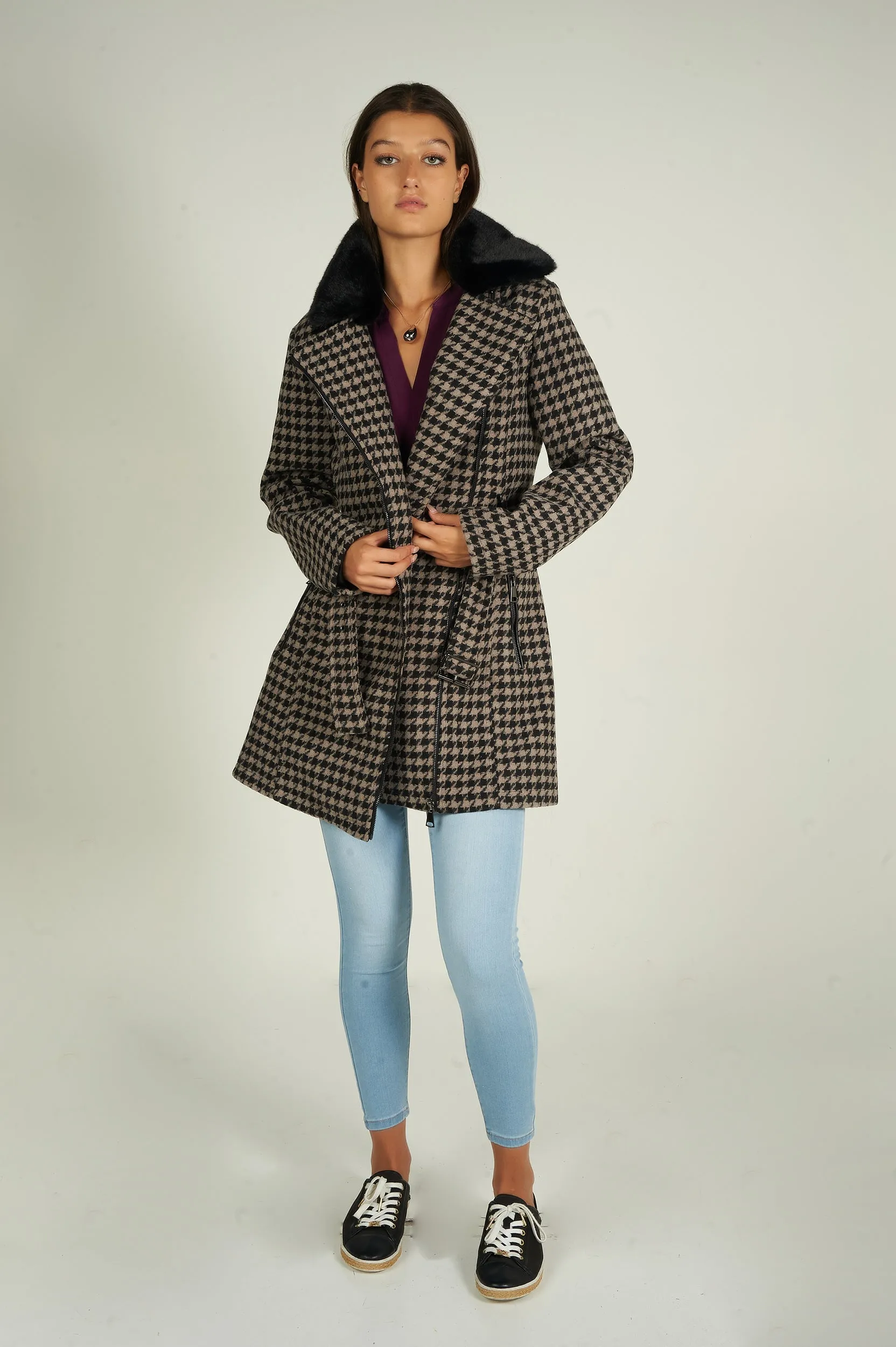 Manteau long à motif pied-de-poule - LL00551 - (E-C8)