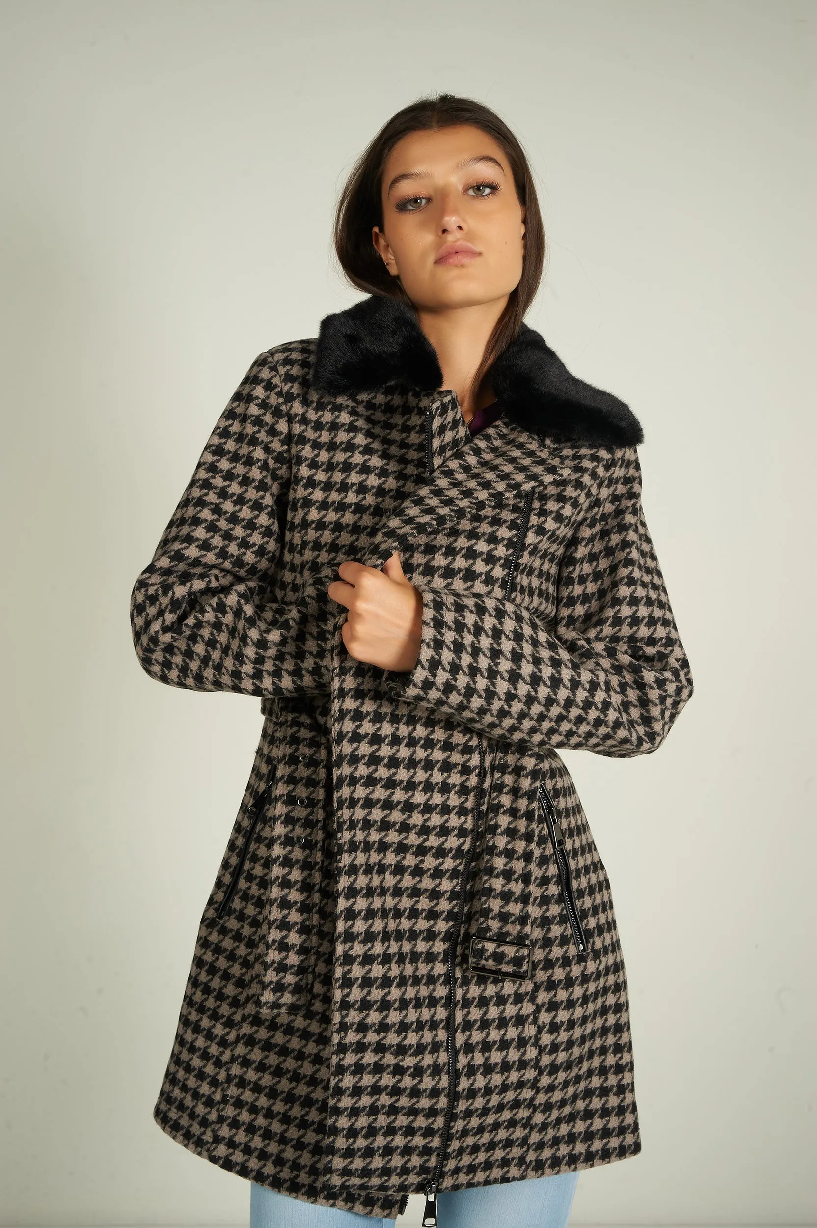 Manteau long à motif pied-de-poule - LL00551 - (E-C8)