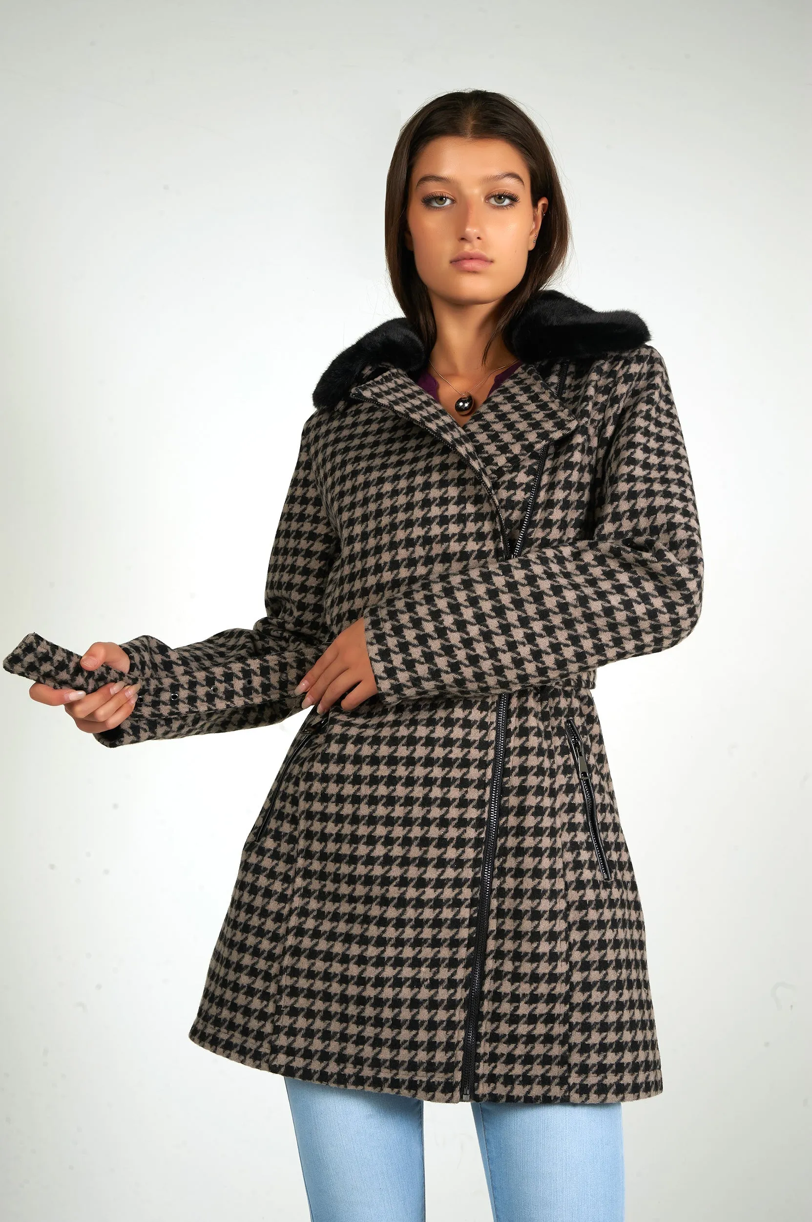 Manteau long à motif pied-de-poule - LL00551 - (E-C8)