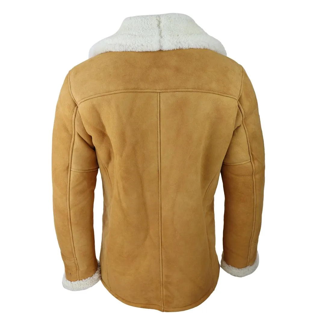 Mens 3/4 Genuine Sheepskin Coat Classic Tan Brown Camel Jacket Cream Fur