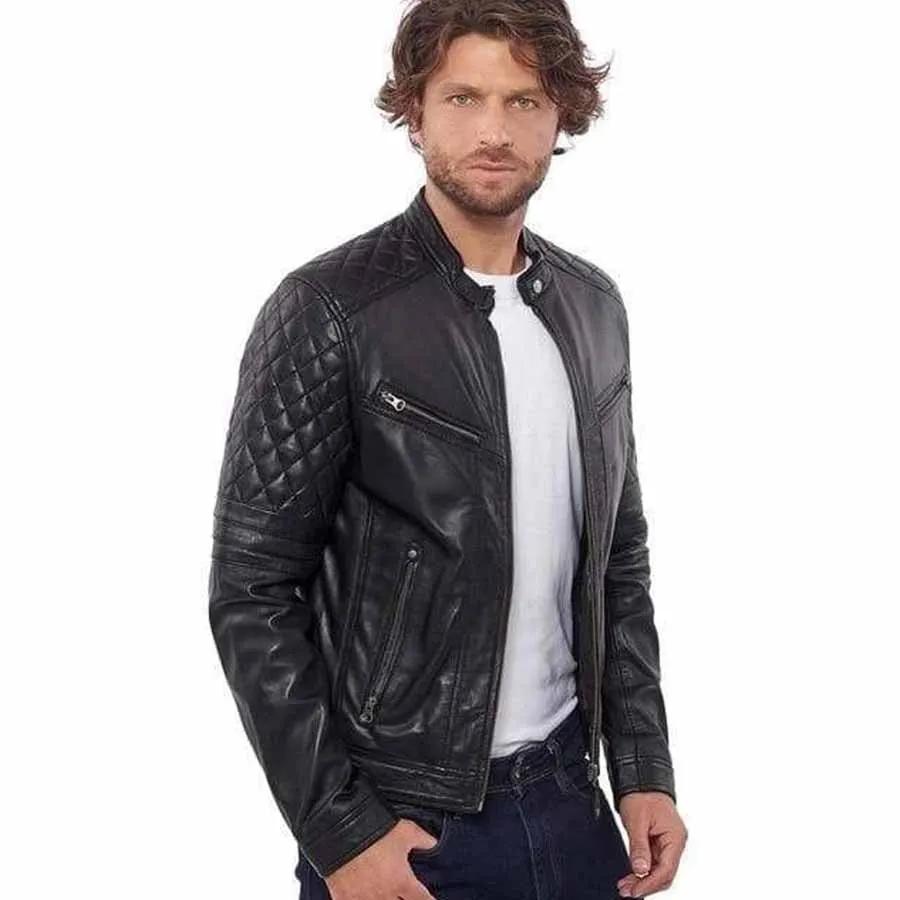 Mens Black Quilted Leather Biker Jacket