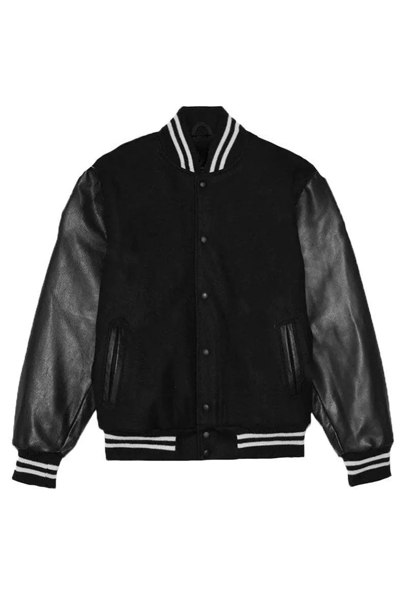 Mens Black Silver Melton Varsity Letterman Jacket